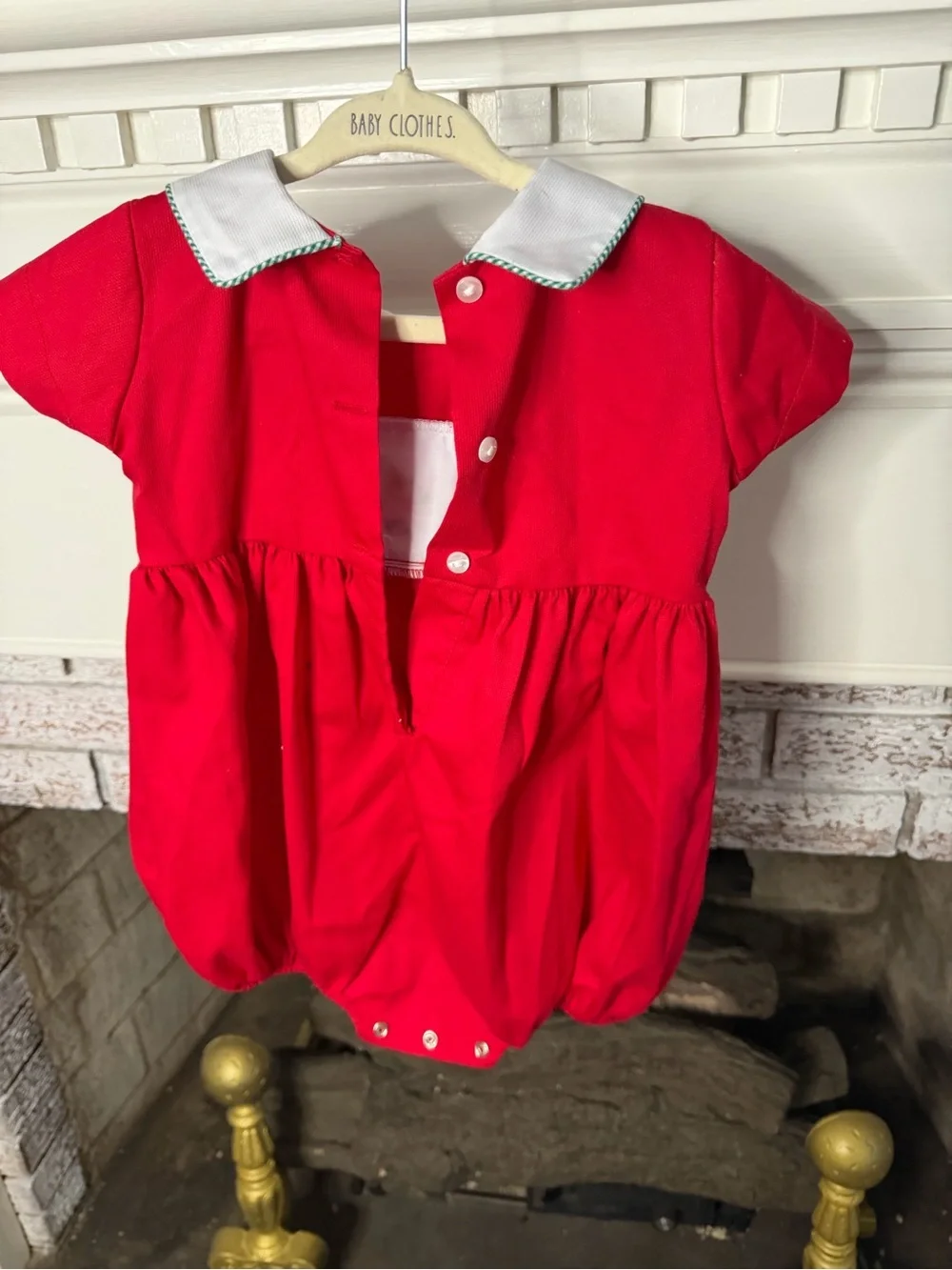 Lulu bebe Red Infant Romper with Peter Pan Collar and red truck Christmas smock